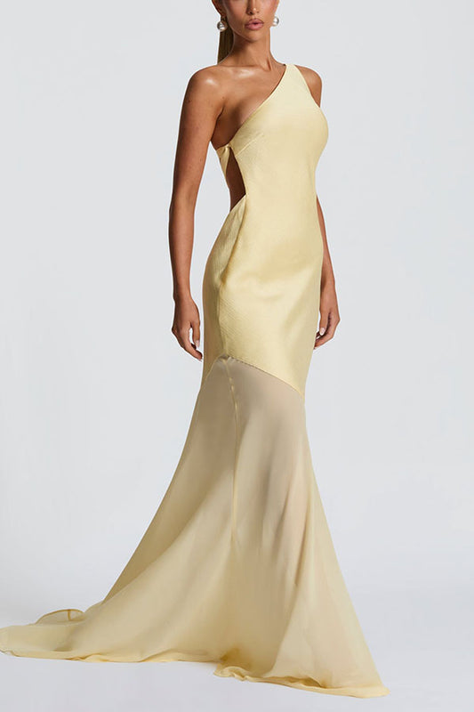 Fable Satin One Shoulder Back Adjustable Straps Contrast Chiffon Hem Maxi Dress