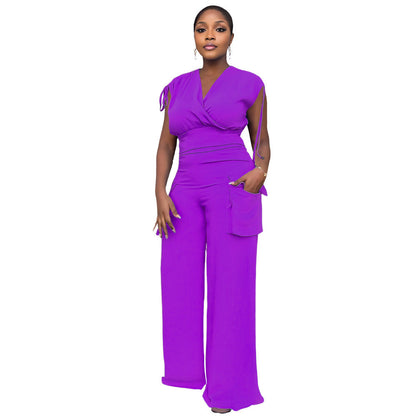 Drawstring Sleeveless Vest High Waist Women Baggy Straight Trousers Two Piece Suit