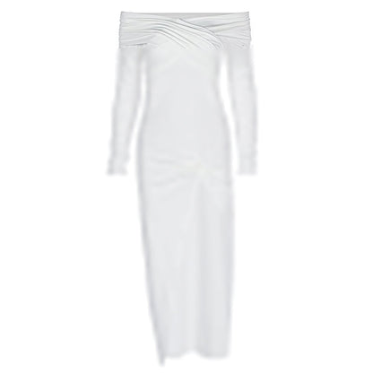 Women Clothing Autumn Solid Color off the Shoulder Tube Top Split Pleated Long Sleeve Dress