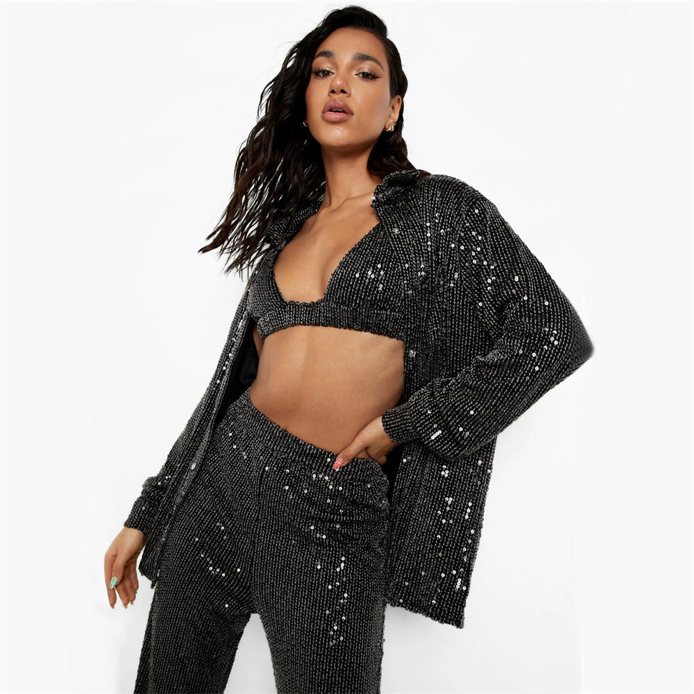 Sequined Long Sleeve Tops Shirt Women V neck Vest Straight Leg Pants Three Piece Set Sexy Spring Summer Party Set