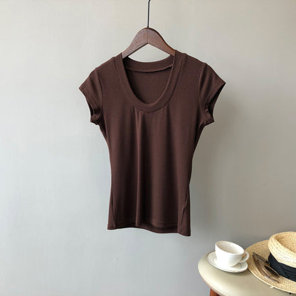 Solid Color T shirt for Women Summer Simplicity U Collar Slimming Stretch T shirt Top for Women