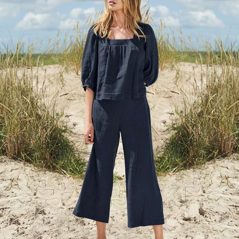plus Size Women Clothing Solid Color Pants Suit Cotton Linen Casual Long Sleeve Loose Cotton Suit