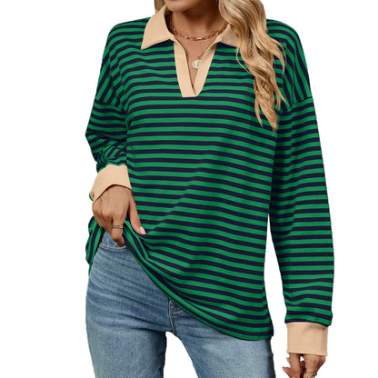 Autumn Winter Contrast Color Lapels Loose Long Sleeve Striped Sweater for Women