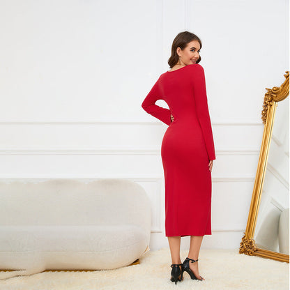 Popular Sunken Stripe Waist Slimming Sense of Design Waist Hollow Out Cutout Sheath Party Dress