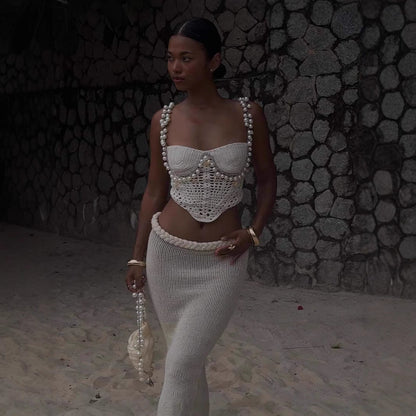 Spring Summer Sexy Solid Color Crop Top Spaghetti Strap Beaded Top Short Sets