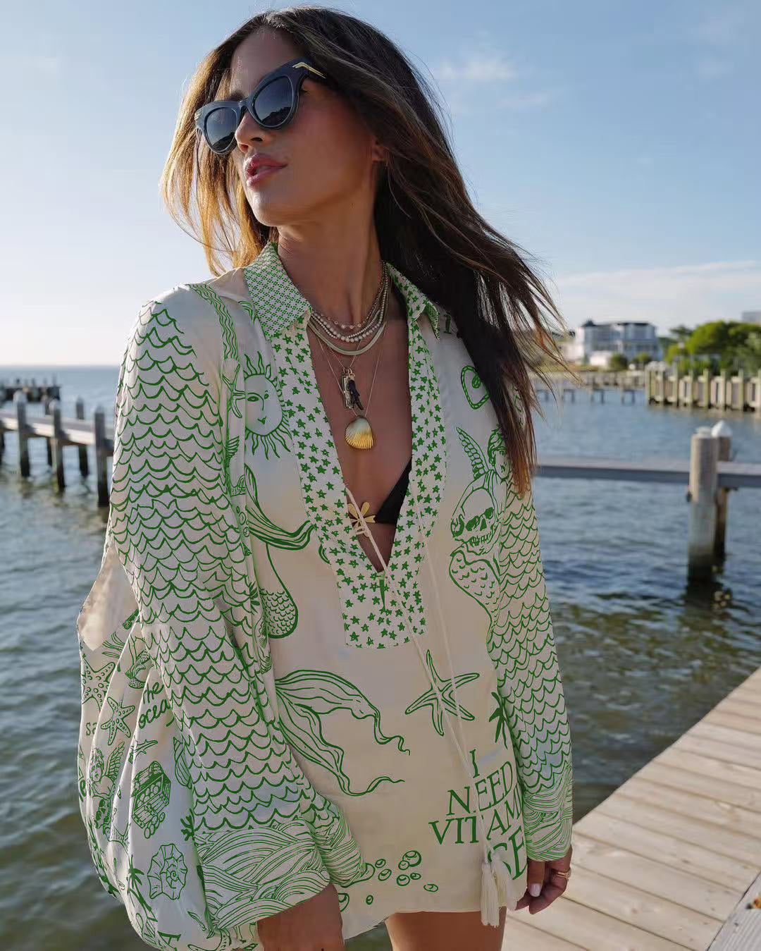 Ladies' Wealthy Satin Unique Printed Tassel Shirt and Elastic Waist Shorts Set