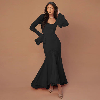 Autumn Socialite Elegant Sexy Slim Fit Ruffled Hem Long Sleeve Dress Women