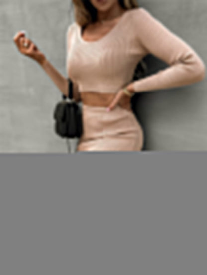 Autumn Winter Women Clothing Solid Color Thread Long Sleeve Sexy Split Maxi Dress Two Piece Set