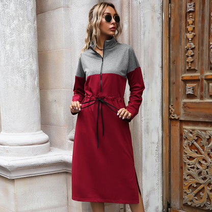 Spring Autumn Women Clothing Contrast Color Slim Fit Dress Waist Controlled Lace up Split Mid Length