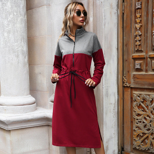 Spring Autumn Women Clothing Contrast Color Slim Fit Dress Waist Controlled Lace up Split Mid Length
