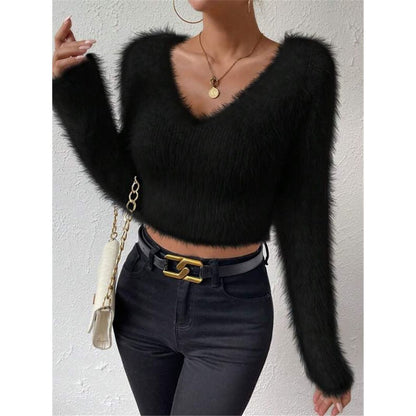 V-neck Slim Plush Short Sweater