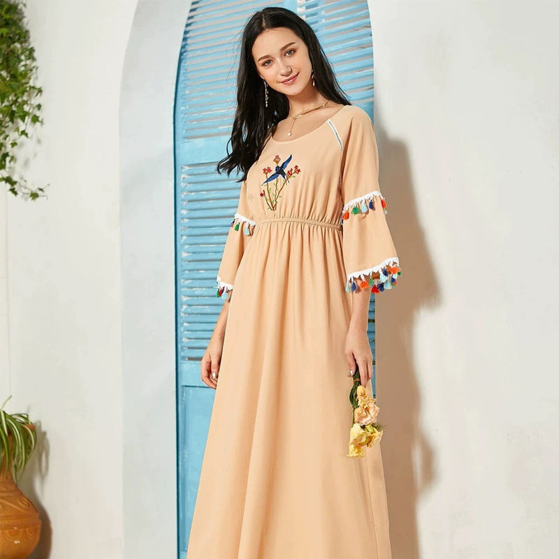Women Clothing Round Neck Tassel Half Sleeve High Waist Long Casual Dress