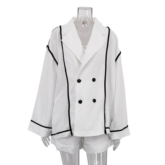 Lazy Women Collared Long Sleeve Cardigan Lace up Loose Fitting Wide Leg Romper Casual Two Piece Sets