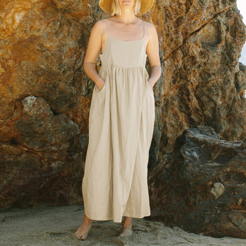 Summer Pure Cotton Sling Dress French Design Large Pocket Loose Slim Fit Adjustable Shoulder Strap Midi Dress for Women