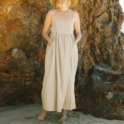 Summer Pure Cotton Sling Dress French Design Large Pocket Loose Slim Fit Adjustable Shoulder Strap Midi Dress for Women