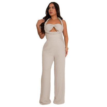 High Waist Design Woven Spaghetti Straps Sleeveless Loose Straight One Piece