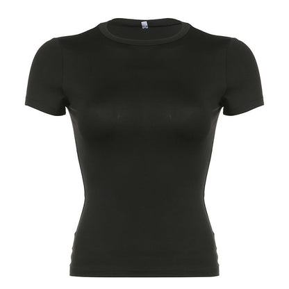 Casual Women Wear Solid Color round Neck Pullover Basic T shirt Street Sexy Slim Short Sleeved Tops