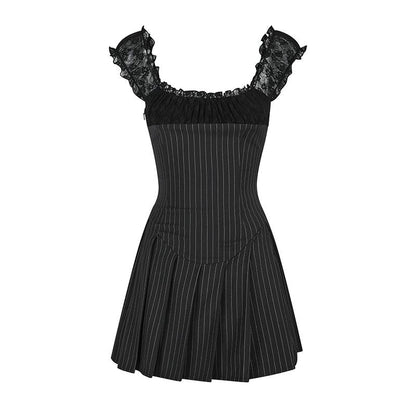 Pinstripe Lace-Trim Mini Dress - Women'S Cap Sleeve Square Neck Fit And Flare Cocktail Dress