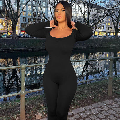 Winter Solid Color Square Collar Pleated Long Sleeve Slim Fit Sports Yoga Jumpsuit Women