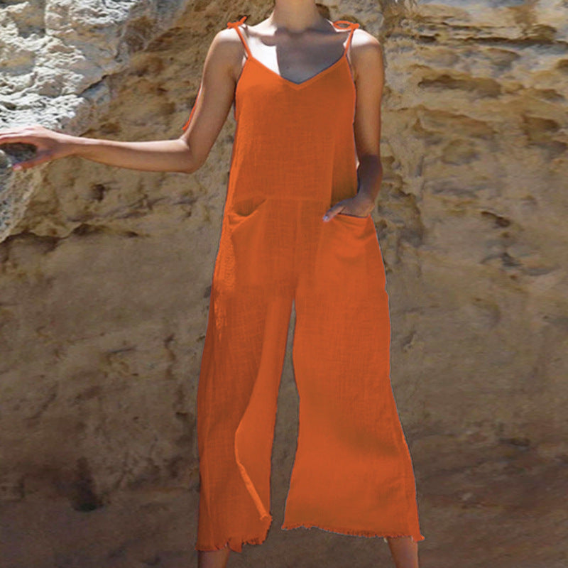 Popular Women Clothing Summer Solid Color Sexy Sling Slub Linen Jumpsuit