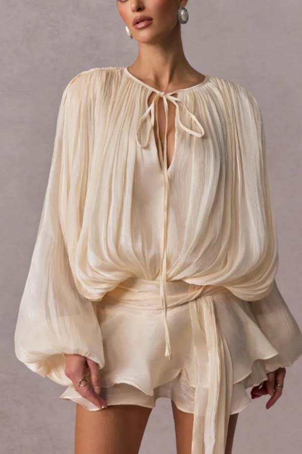 Ninah Glitter Fabric Pleated Balloon Sleeve Tiered Ruffle Hem Mini Dress
