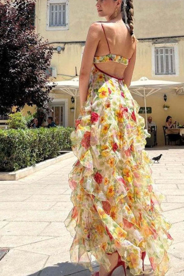 Millie | Floral Ruffle Long Skirt Women's Fashion Chiffon Printed Fairy Style Long Style Evening Dress Coupon