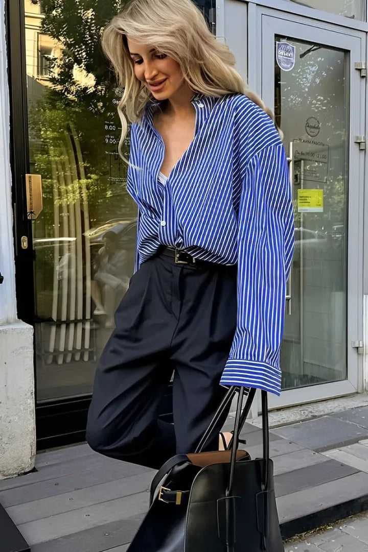 Blusa suelta de manga larga con rayas de patchwork