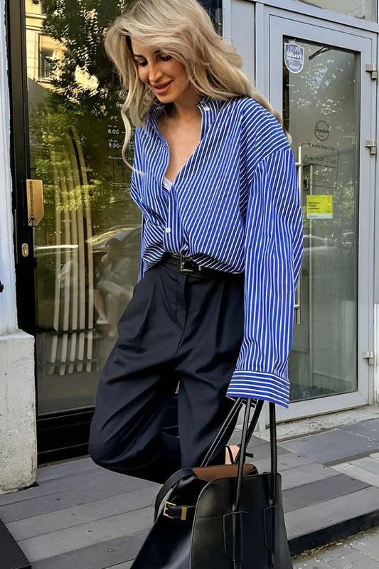Blusa suelta de manga larga con rayas de patchwork