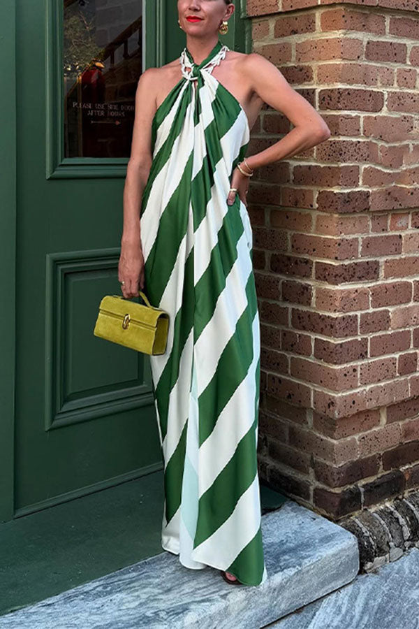 Most Dreamy Stripe Print Halter Tie-up Backless Pocket Loose Maxi Dress