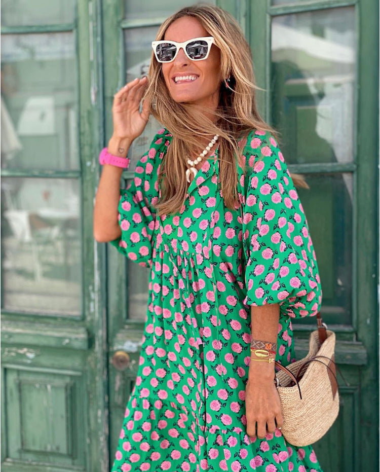 Women's fashionable street picnic bubble sleeve layered elegant party MIDI dress