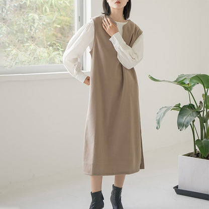 Real Shot Letian Autumn Winter 4 Color Woolen Coat Women V neck Solid Color Sleeveless Waistcoat Dress Outer Wear