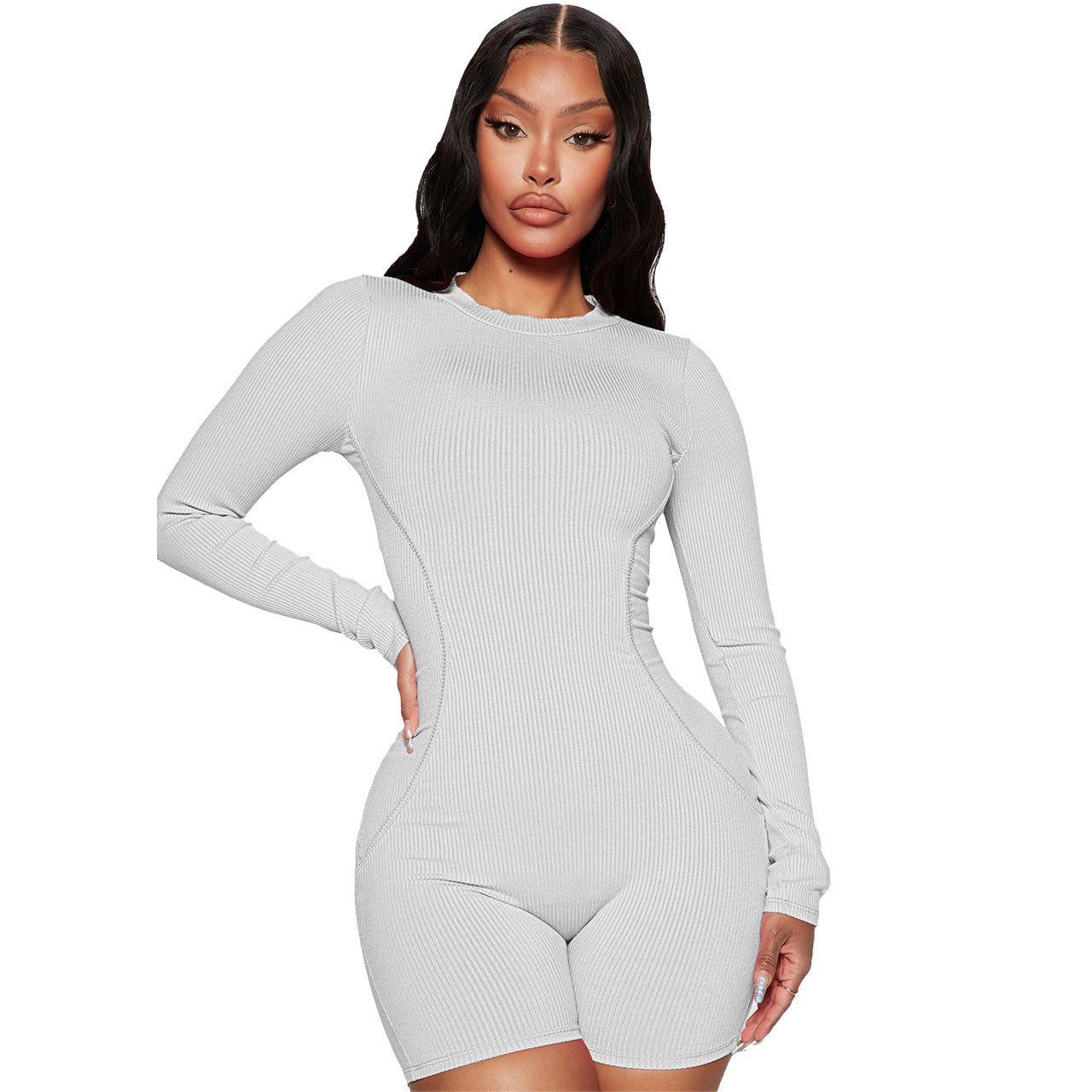 Women Clothing Spring Thread round Neck Stitching Line Casual Sports Romper