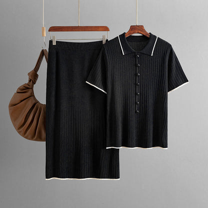 Women Clothing Elegant Knitted Skirt Set Spring Summer Polo Collar Two Piece Set
