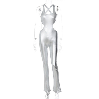 Metallic Coated Fabric Women Clothing Winter Solid Color Faux Leather Sexy Cutout Backless Slim Fit Sling Jumpsuit