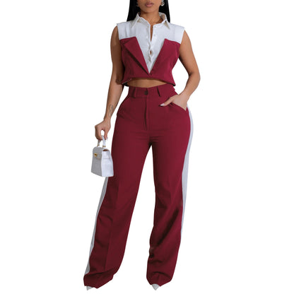 Women Clothing Shirt Sleeveless Summer Two Piece Set Faux Two Pieces Office