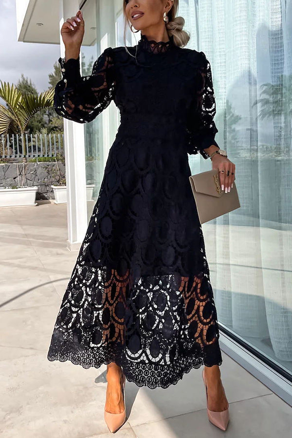 French party sensual party elegant crochet lace lantern sleeves party MIDI skirt 