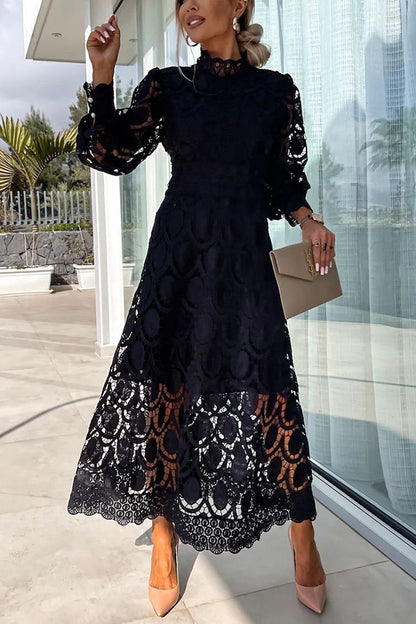 French party sensual party elegant crochet lace lantern sleeves party MIDI skirt 