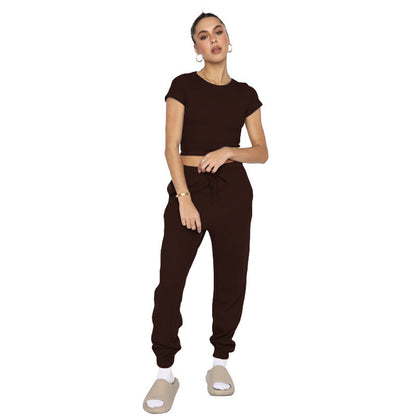 Spring Summer Solid Color Waffle round Neck Short Sleeve Women Clothing Casual Trousers Sets