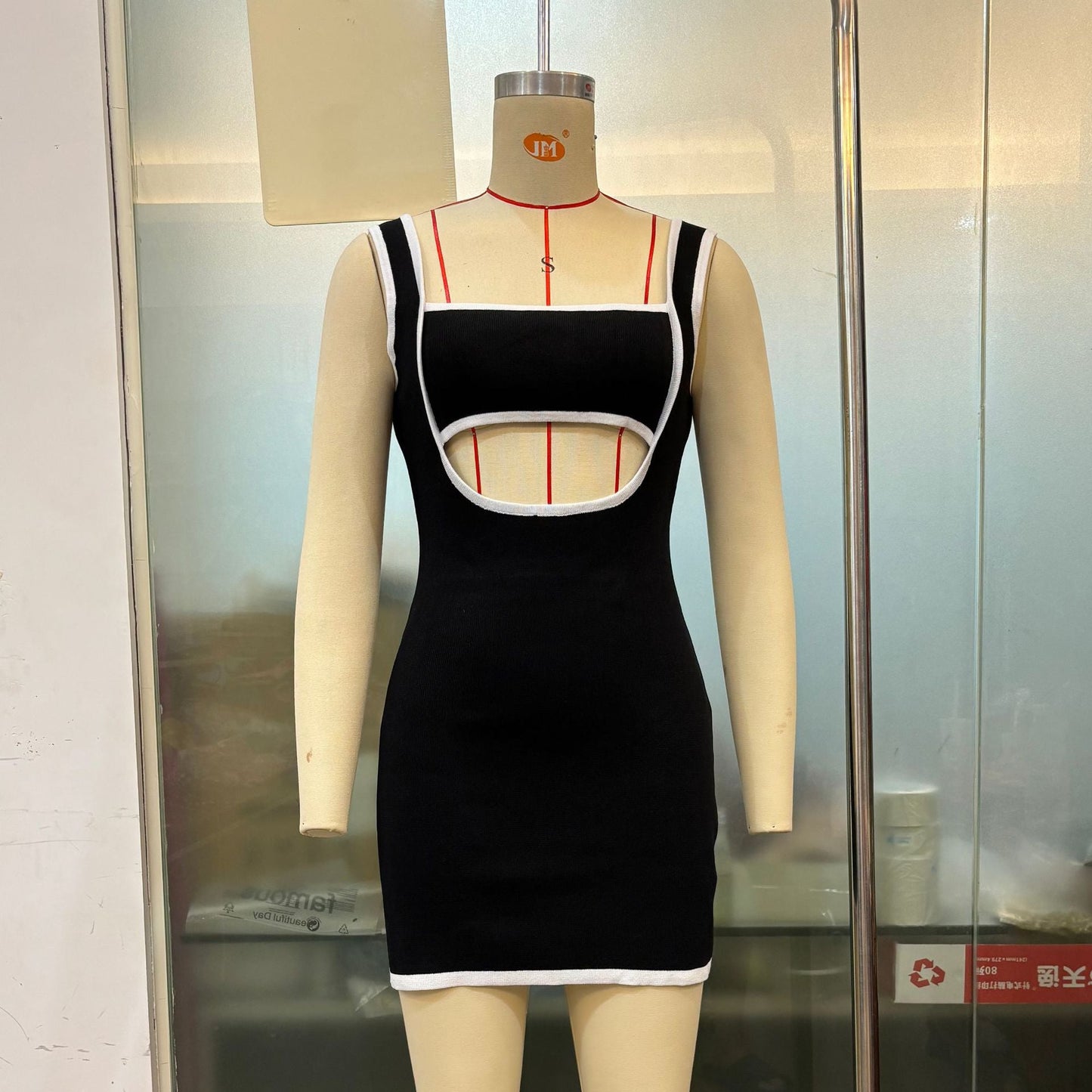 Square Collar Hollow Out Cutout out Woolen Sling Dress Backless Sexy Hip Dress