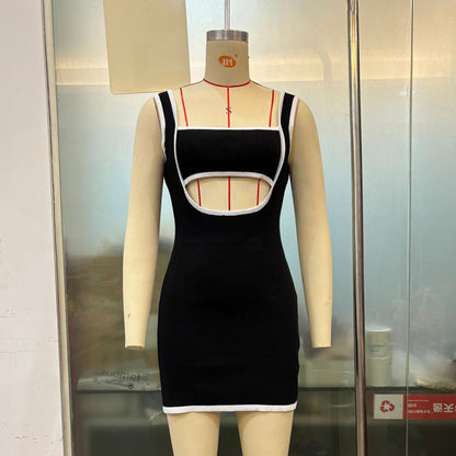 Square Collar Hollow Out Cutout out Woolen Sling Dress Backless Sexy Hip Dress