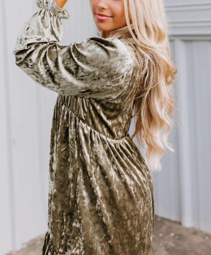 Autumn Winter Velvet Thickened Lantern Sleeve Street Pleated Long Sleeve Dress for Women