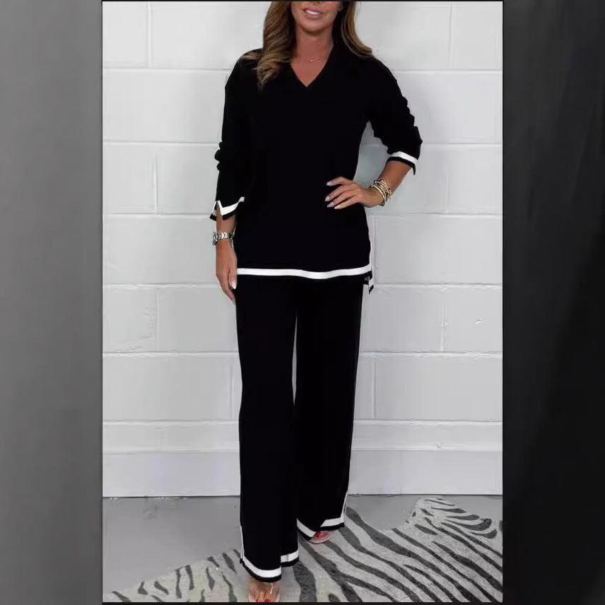 New Autumn Winter Casual Solid Color Knitted Long Sleeve Trousers Sets
