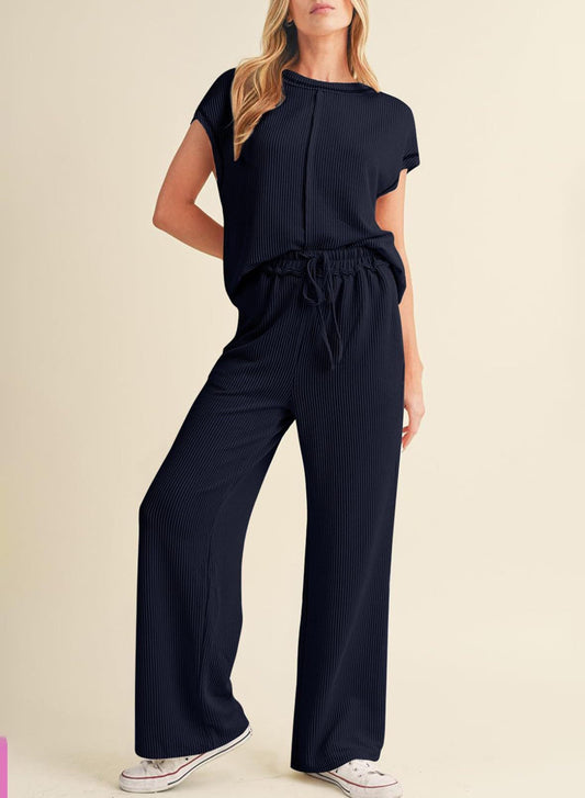 Spring Summer Casual Women Three Quarter Sleeve Rope Solid Color Office Trousers Set Women