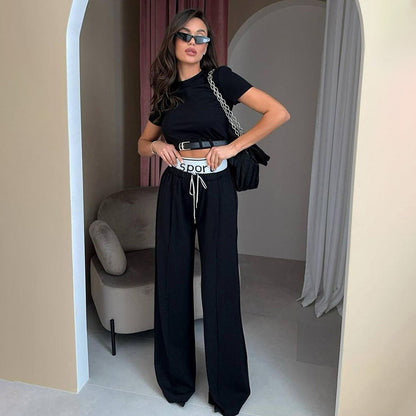 Short Sleeve Women Clothing High Grade Spring Cropped Belt Decorative Small Top Double Waist Sweatpants Two Piece Set