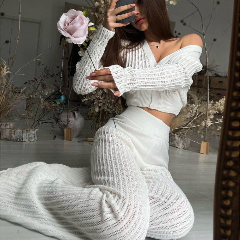 Autumn Winter Knitting Suit Women Clothing See through Casual Solid Color Hollow Out Cutout High Waist Trousers Office Suit
