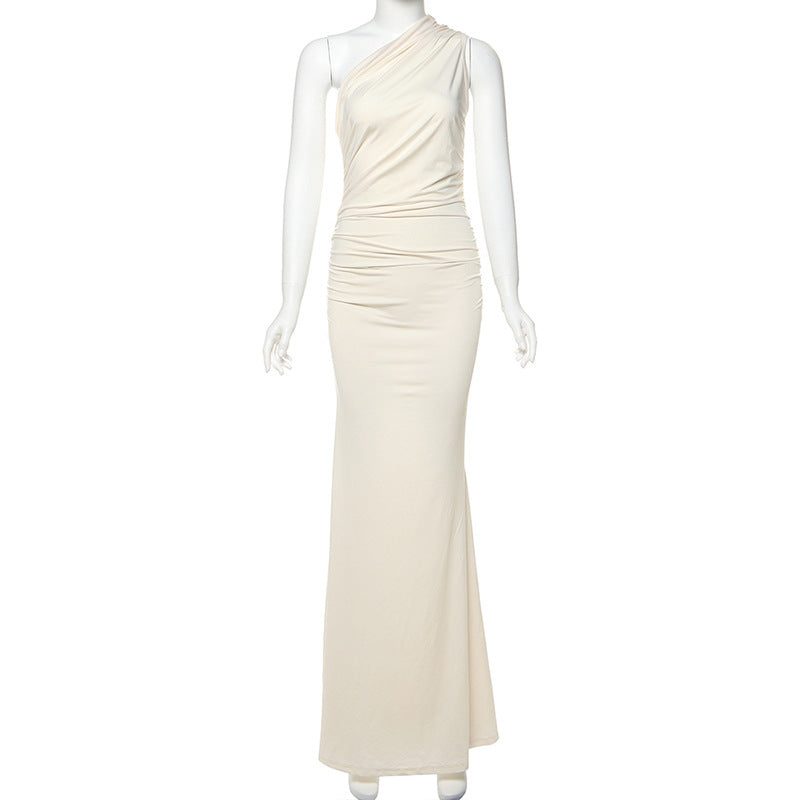 Winter Women Clothing Elegant Oblique Shoulder Single Shoulder Solid Color Slim Slimming Dress