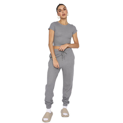 Spring Summer Solid Color Waffle round Neck Short Sleeve Women Clothing Casual Trousers Sets