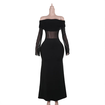 Fall Maxi Dress Elegant Sexy Slim off Shoulder Mesh Dress Women