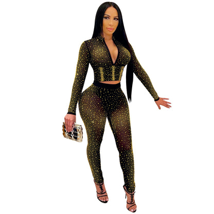 Nightclub Rhinestone V-neck Long-Sleeved Trousers Women Two Piece Suit