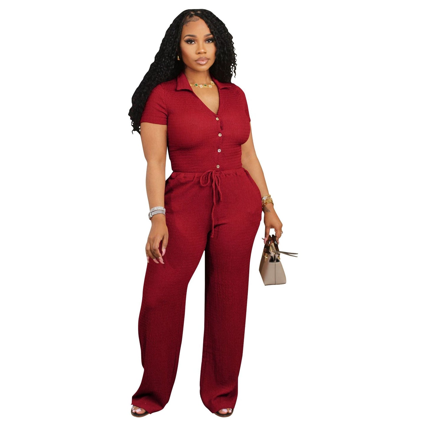 Women Clothing Short Sleeve Suit Loose Pleated Breathable V Neck Two Piece Suit Shirt Summer